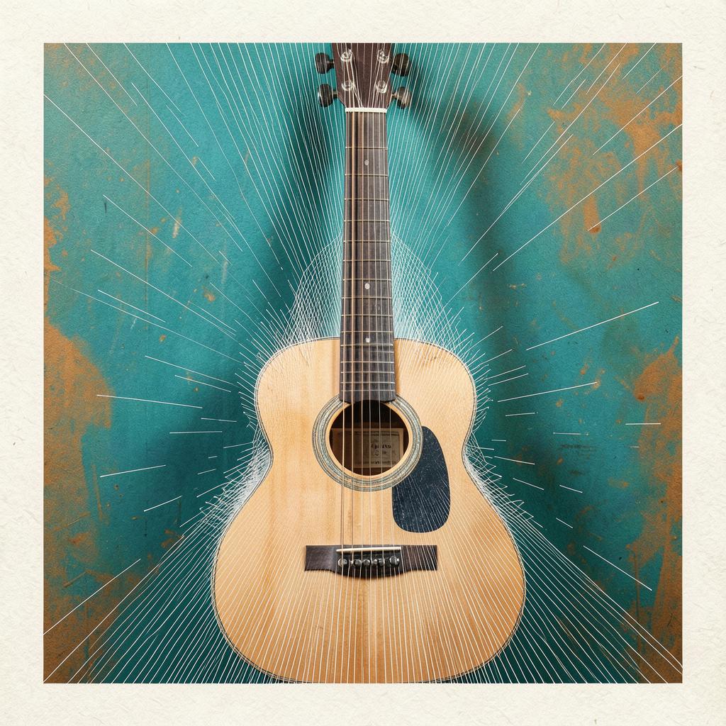 Acoustic guitar body and neck behind a radiating spike mask in teal and amber