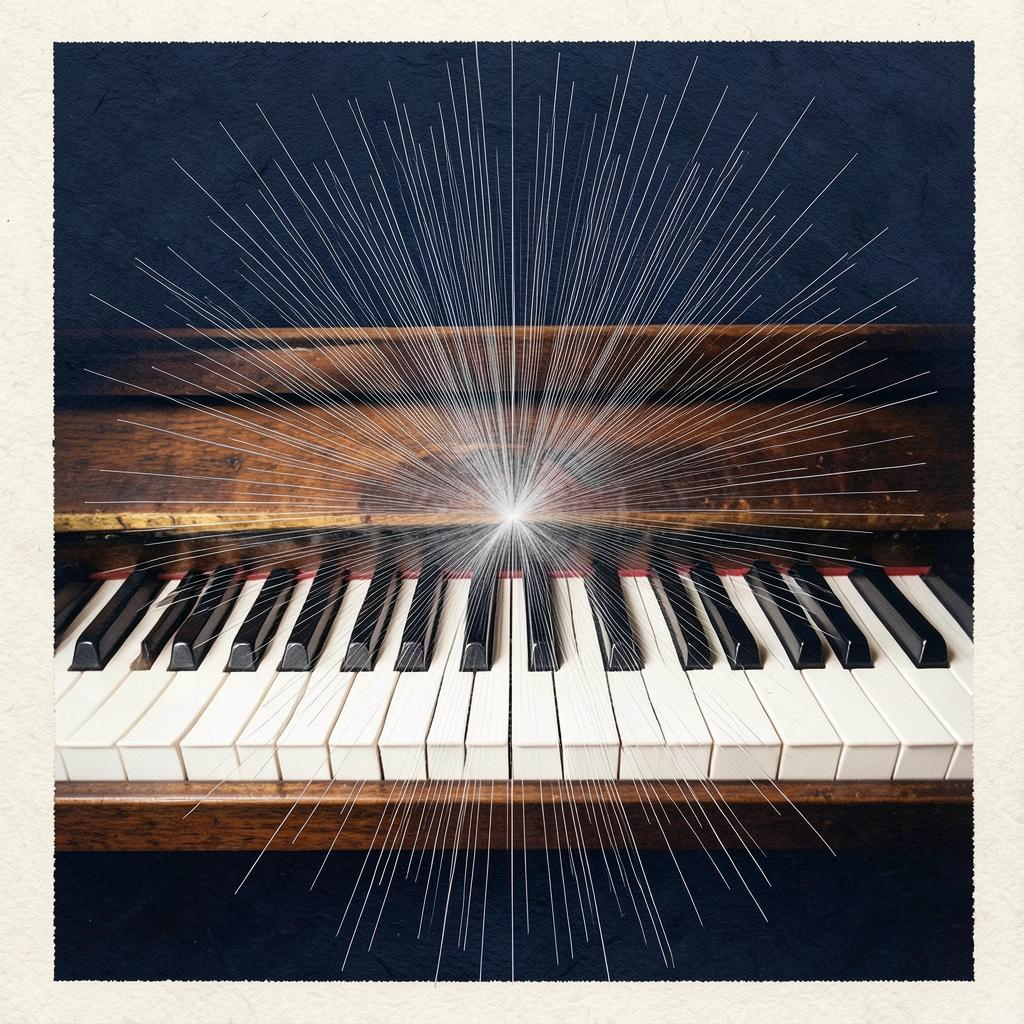 Piano keys behind a radiating spike mask, deep navy and warm wood tones